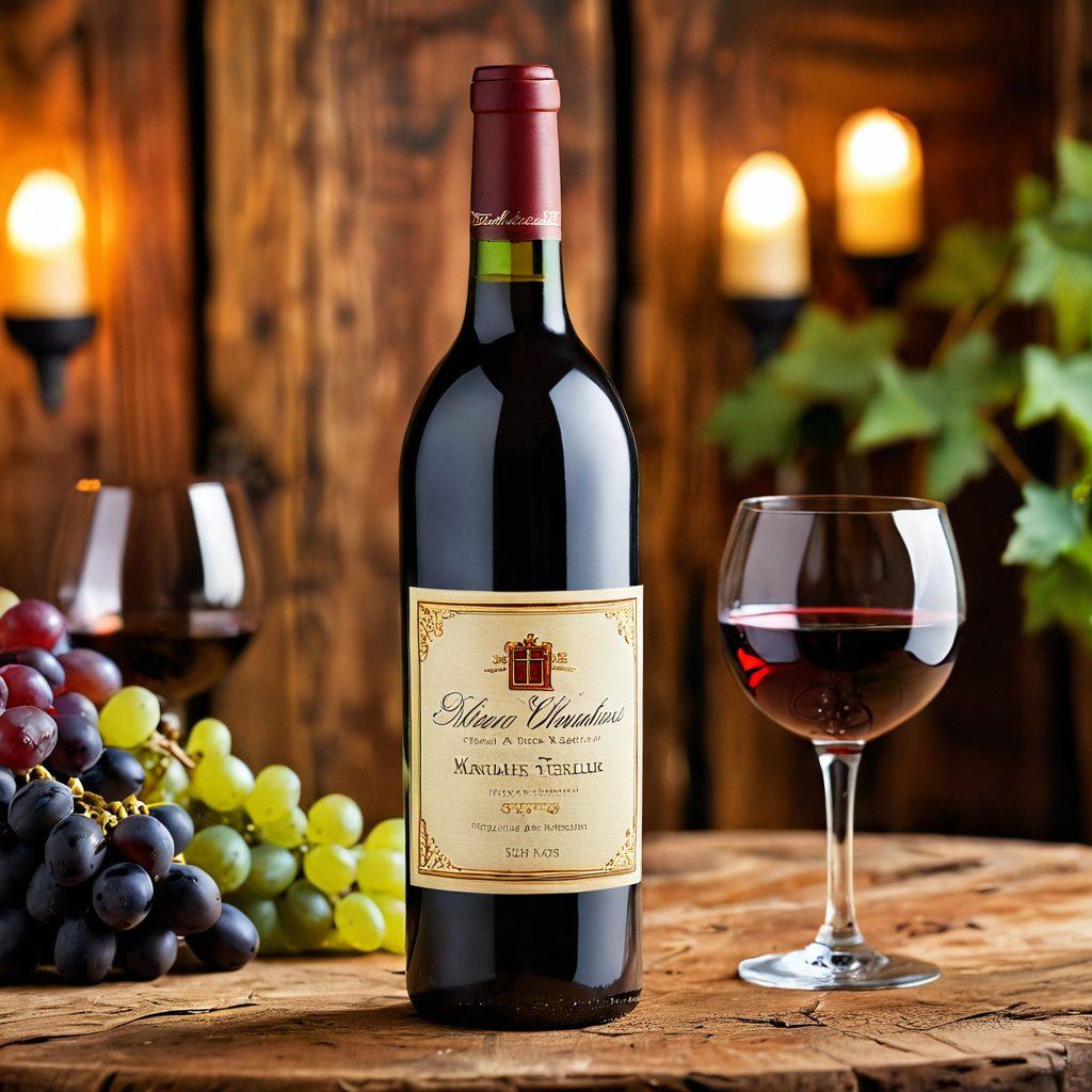 A close-up view of an elegantly designed wine bottle, showcasing unique and artistic labeling that reflects the vineyard's personality. The bottle is surrounded by a soft-focus background of grapes and a rustic wooden table, with warm, inviting lighting that enhances the textures of the glass and label. The scene conveys sophistication and a sense of tactile experience in wine tasting. vibrant colors. super-realistic.