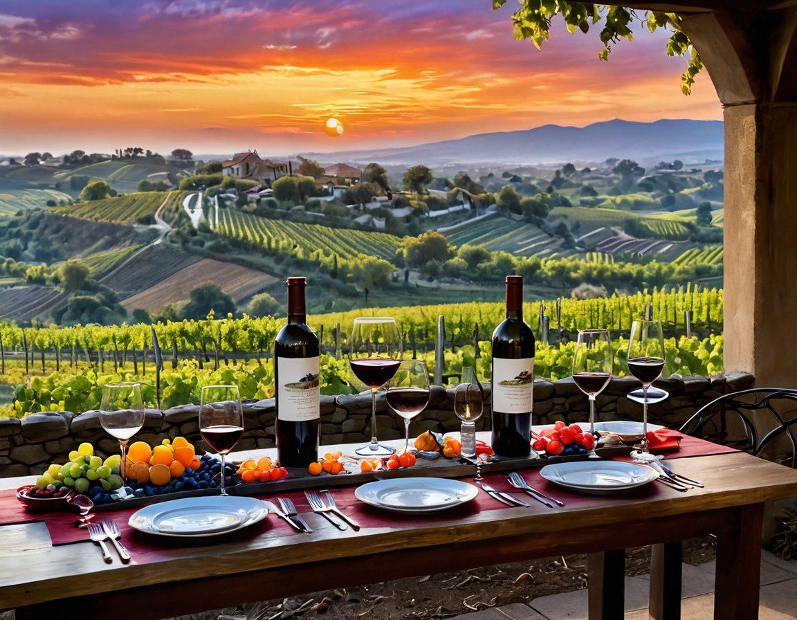 An artistic representation of a vineyard at sunset, with artisans handcrafting wine bottles and painting vibrant labels. In the foreground, a beautifully arranged table displays a collection of wine glasses filled with rich, deep colors, showcasing the aesthetic journey. Lush grapevines intertwine with colorful palette swatches, symbolizing the blend of nature and artistry. The sky is painted with warm hues, enhancing a sense of tranquility and inspiration. soft painting. dreamy atmosphere. vibrant colors.