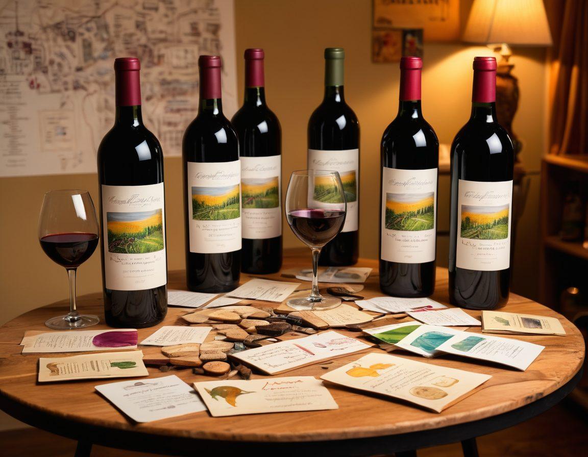 A beautifully curated wine display featuring an array of uniquely designed wine labels, with an artistic table setting that showcases wine glasses, corks, and artistic wine bottles in various shapes. The background should suggest a cozy vineyard ambience, with soft, warm lighting to enhance the inviting atmosphere. Include artistic elements like paintbrushes, splashes of color, and sketches of wine label designs scattered around to emphasize creativity. vibrant colors. cozy ambiance. soft lighting.